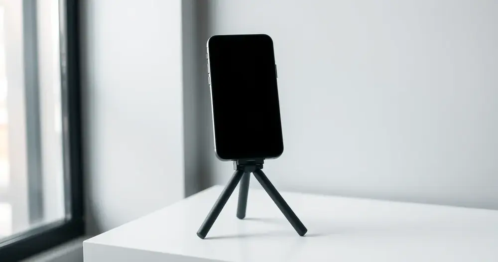 Celular na vertical preso a um tripé de mesa, com luz de janela ao lado